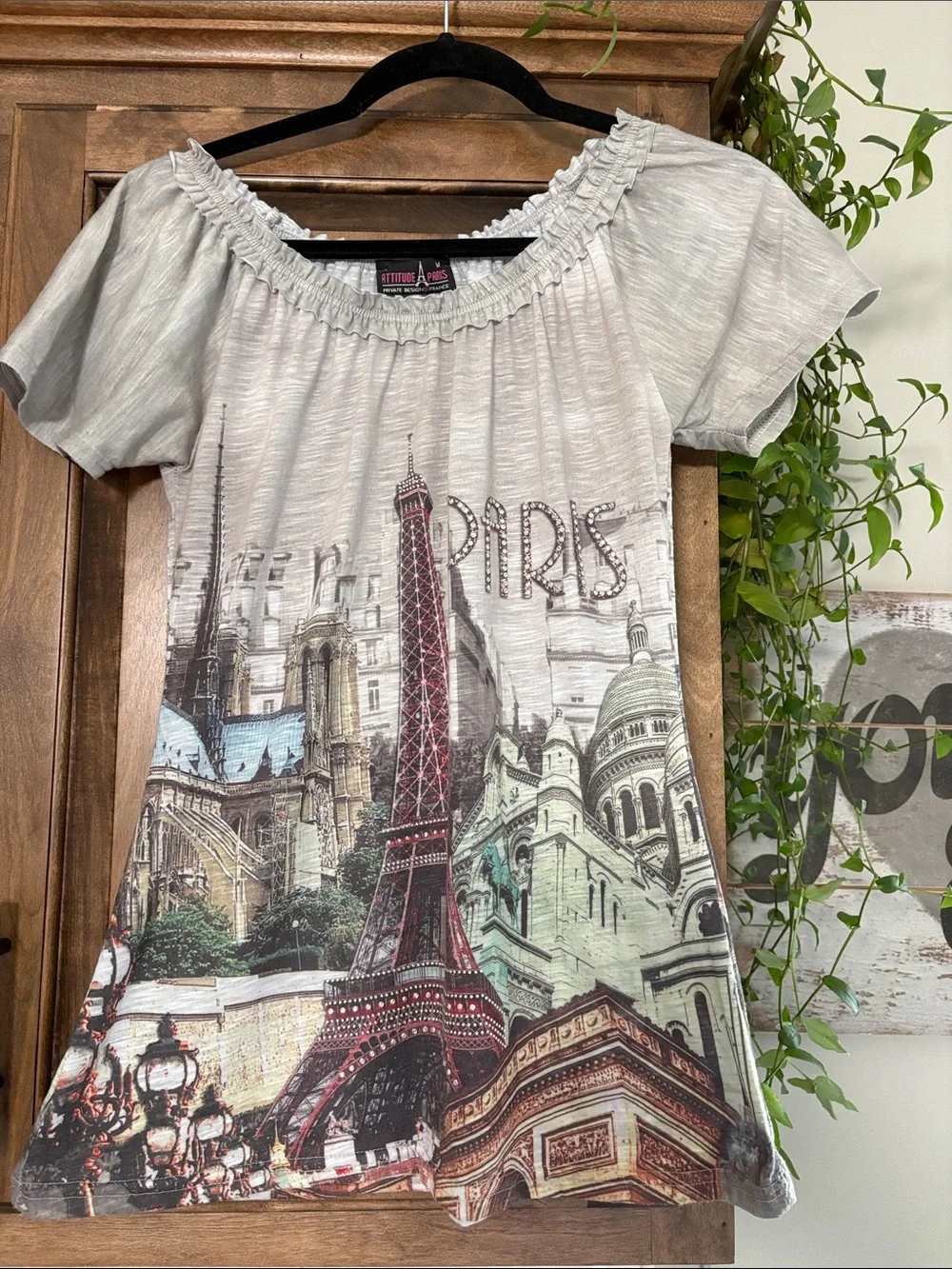 Gray Paris Skyline Off-Shoulder Tunic Top